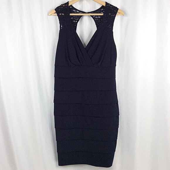 Enfocus Cocktail Dress Womens Size 14 Navy Blue Tank Bodycon Layered Lace Sheath - Picture 1 of 7